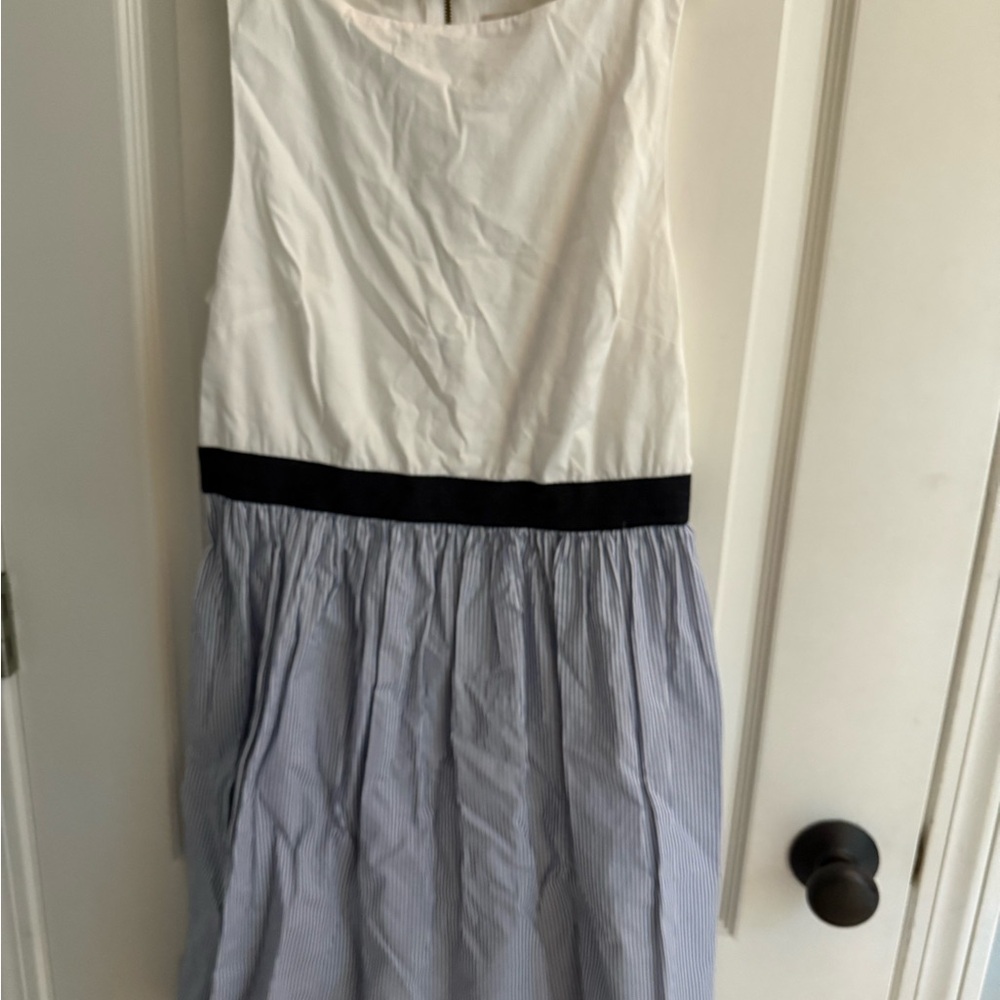 LOFT White & Blue Striped Fit-and-Flare Dress with Black Waistband